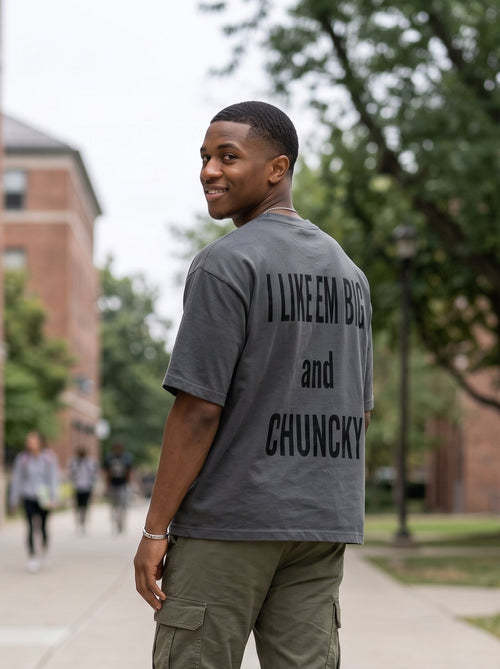 A man standing outdoors on a campus walkway, wearing a dark gray t-shirt with the text 'I LIKE EM BIG and CHUNCKY' printed in black across the back, paired with olive green cargo pants.